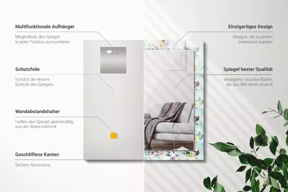 Oglindă dreptunghiulară cu ramă imprimeu floral și păsări