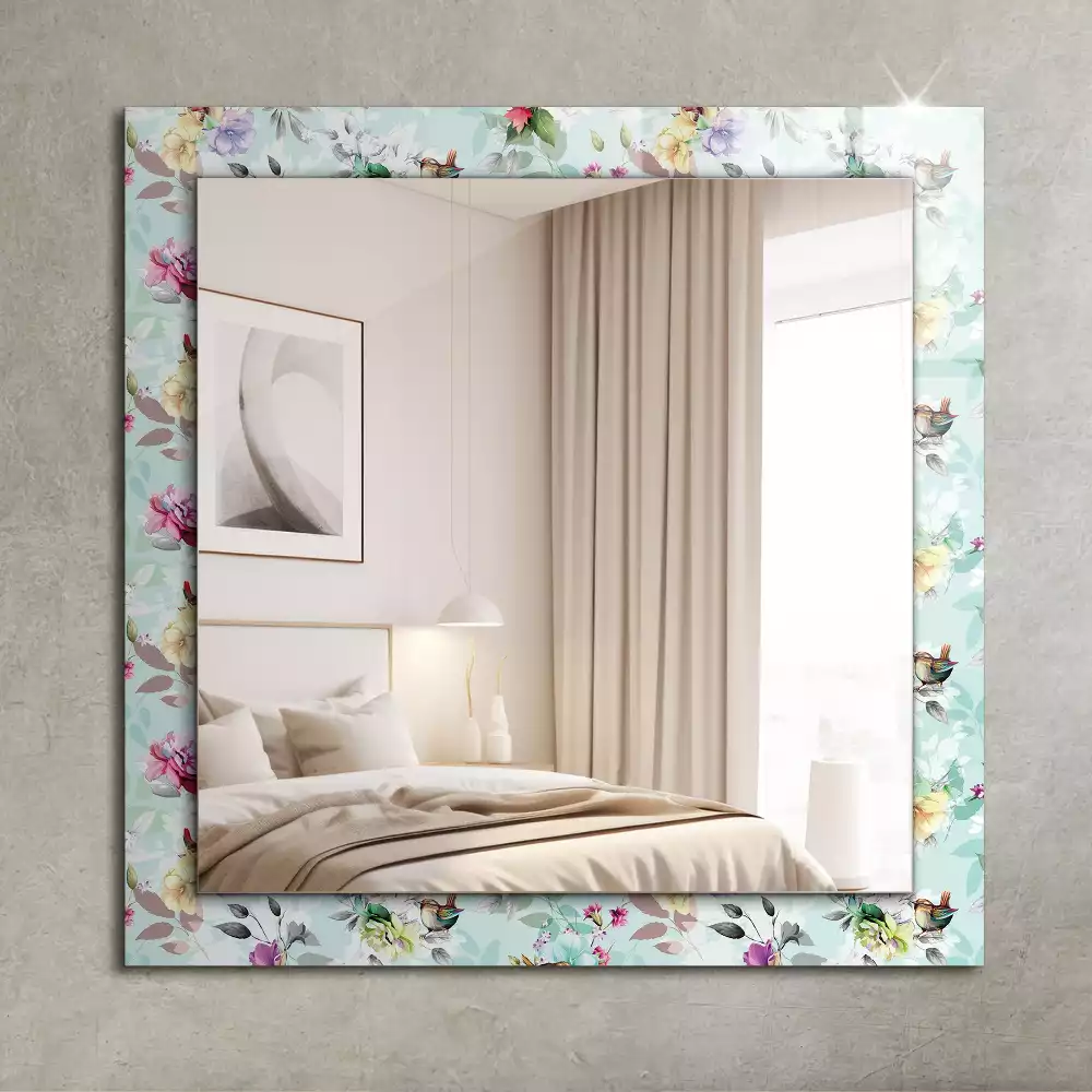 Oglindă dreptunghiulară cu ramă imprimeu floral și păsări