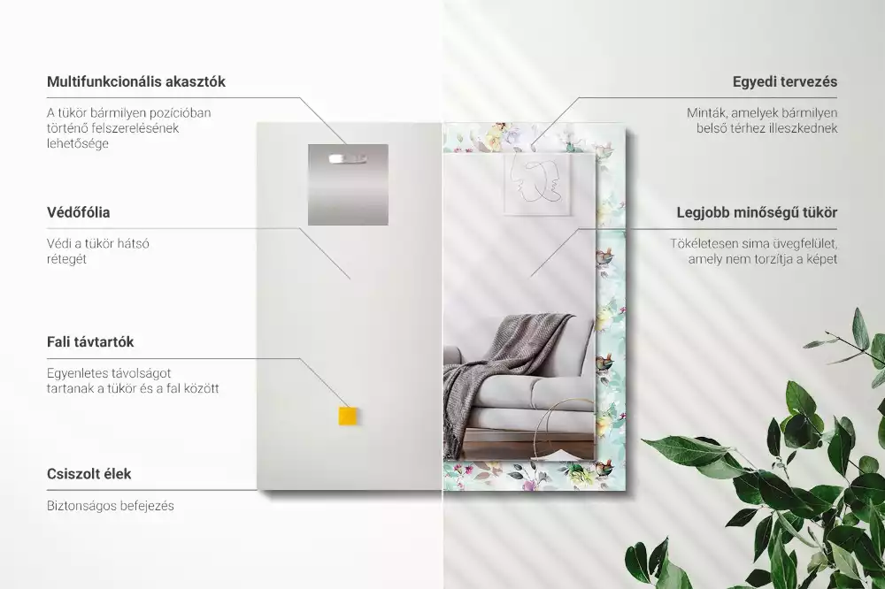 Oglindă dreptunghiulară cu ramă imprimeu floral și păsări