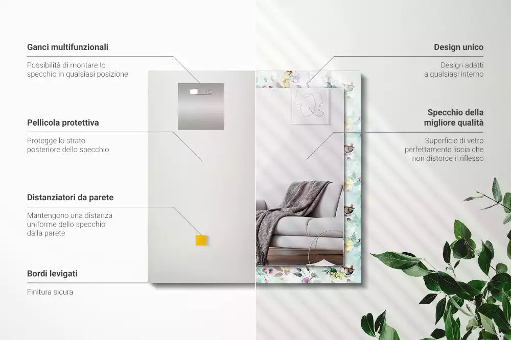 Oglindă dreptunghiulară cu ramă imprimeu floral și păsări