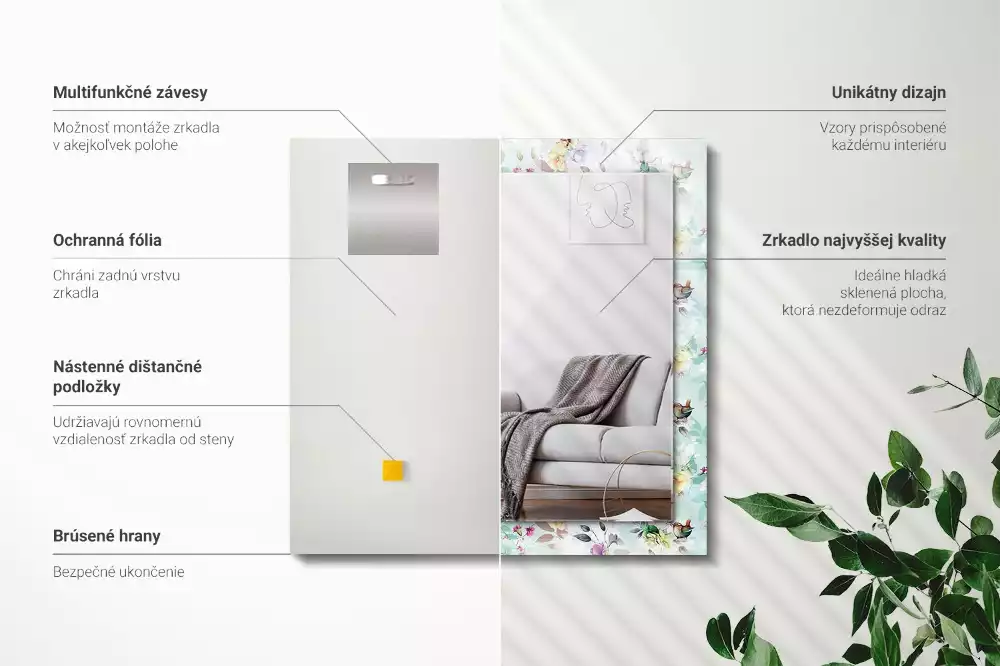 Oglindă dreptunghiulară cu ramă imprimeu floral și păsări