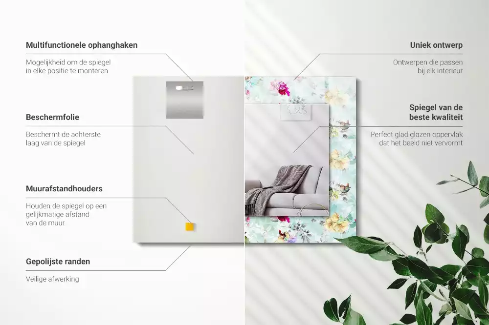 Oglindă dreptunghiulară cu ramă imprimeu floral și păsări