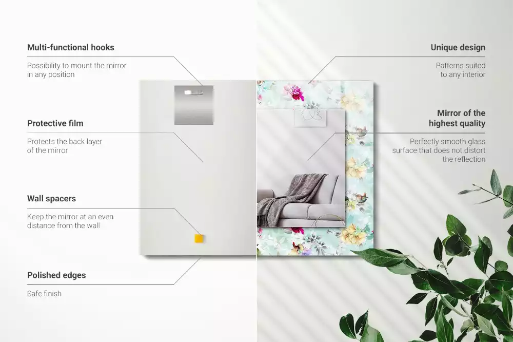 Oglindă dreptunghiulară cu ramă imprimeu floral și păsări