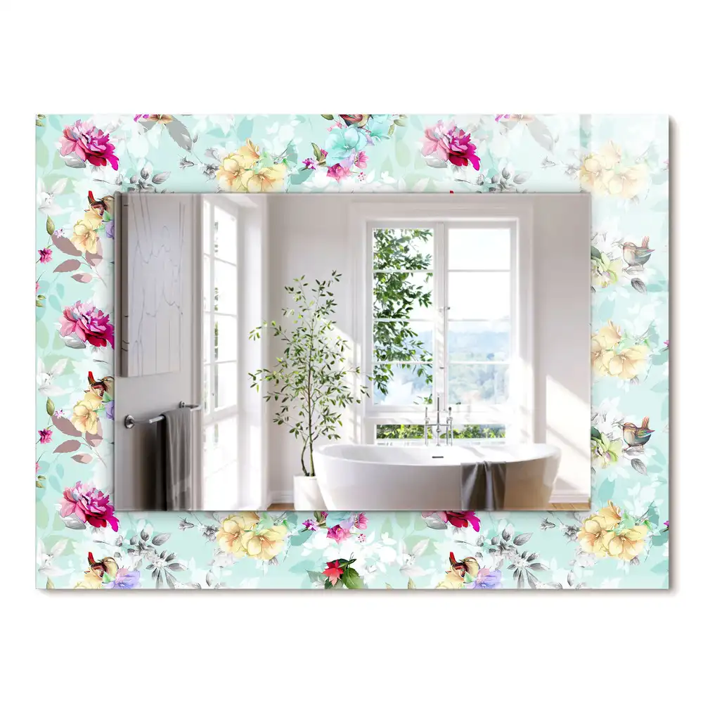 Oglindă dreptunghiulară cu ramă imprimeu floral și păsări
