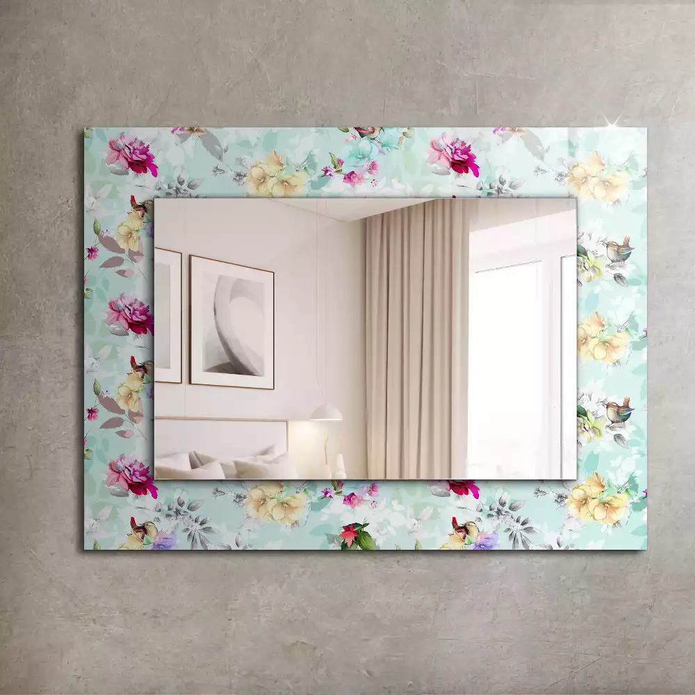 Oglindă dreptunghiulară cu ramă imprimeu floral și păsări