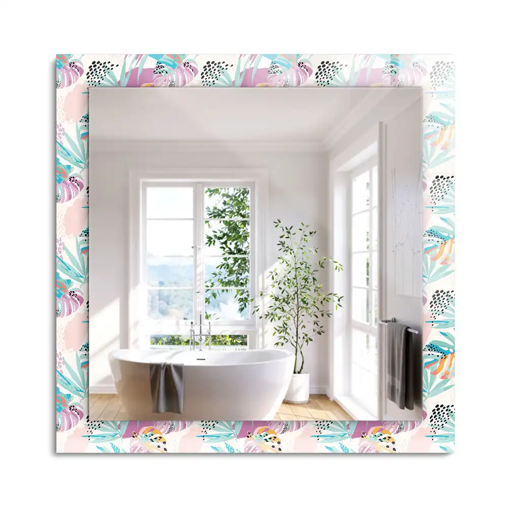 Oglindă dreptunghiulară de perete cu decor de frunze tropicale colorate