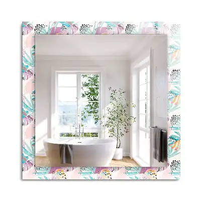 Oglindă dreptunghiulară de perete cu decor de frunze tropicale colorate