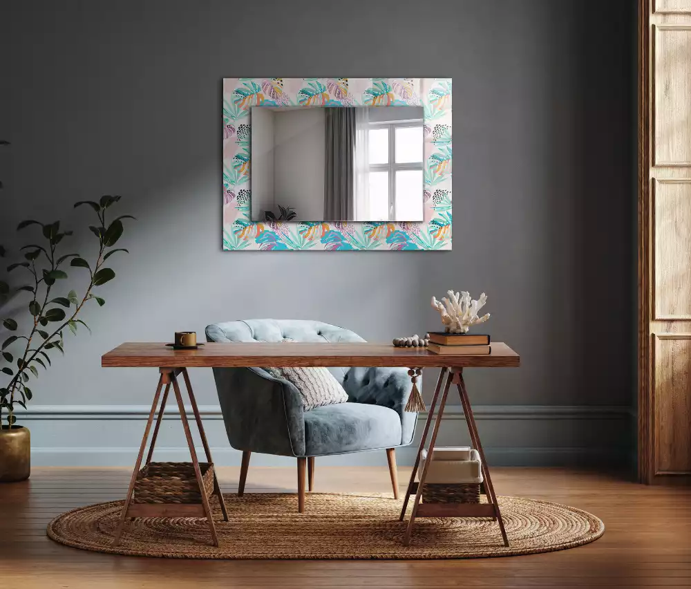 Oglindă dreptunghiulară de perete cu decor de frunze tropicale colorate