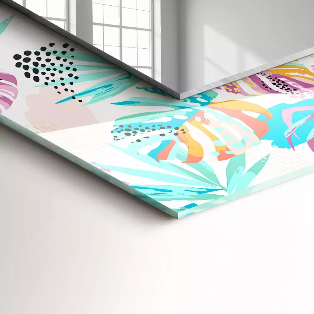 Oglindă dreptunghiulară de perete cu decor de frunze tropicale colorate