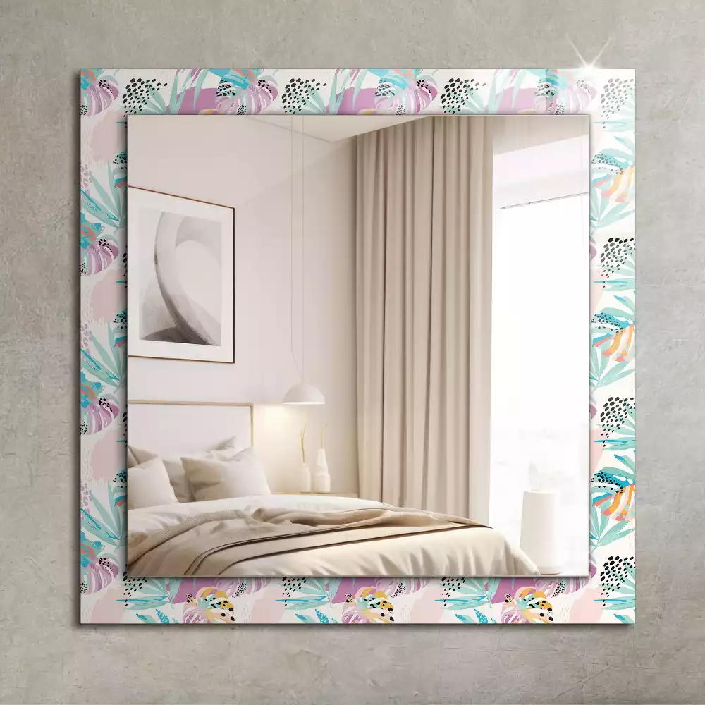 Oglindă dreptunghiulară de perete cu decor de frunze tropicale colorate