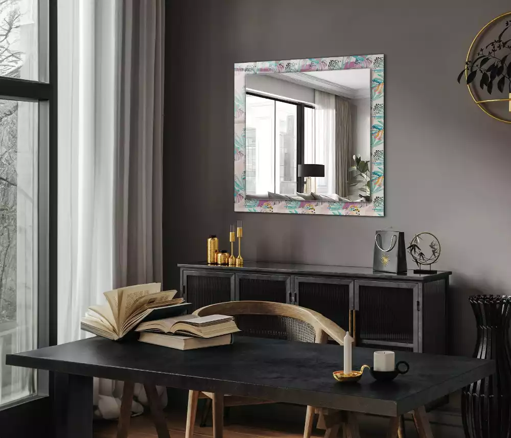 Oglindă dreptunghiulară de perete cu decor de frunze tropicale colorate