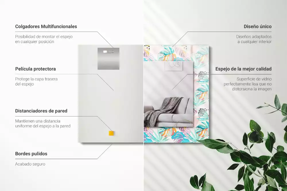 Oglindă dreptunghiulară de perete cu decor de frunze tropicale colorate