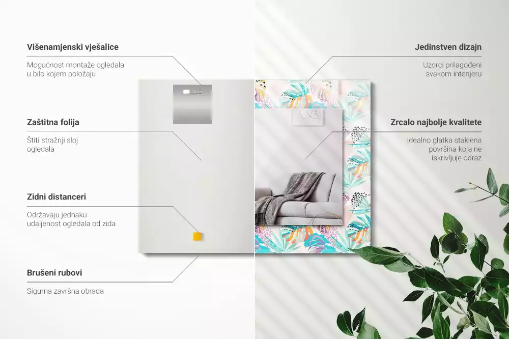 Oglindă dreptunghiulară de perete cu decor de frunze tropicale colorate