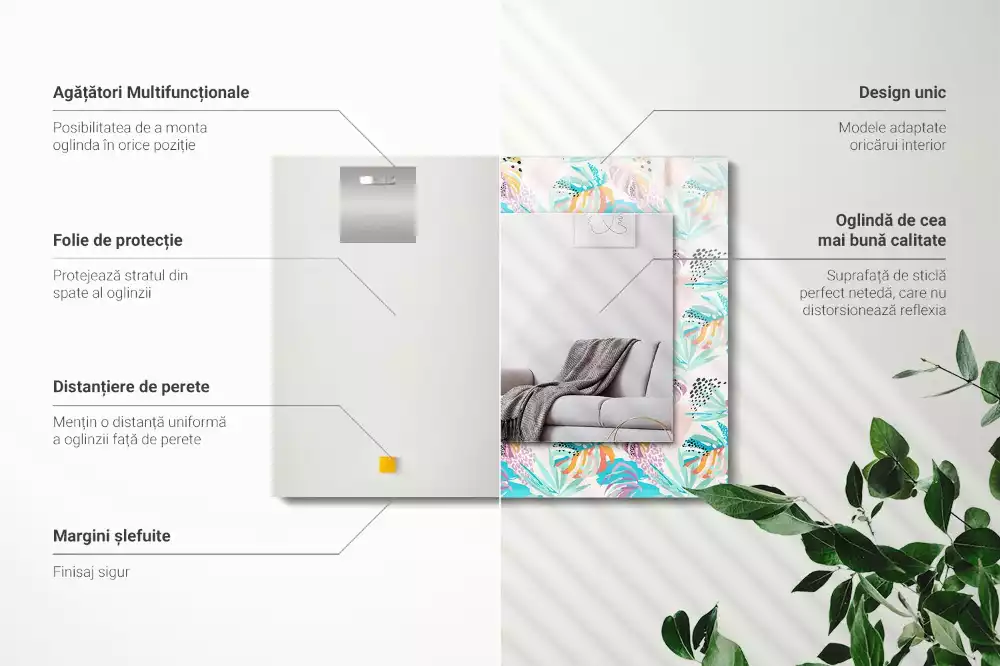 Oglindă dreptunghiulară de perete cu decor de frunze tropicale colorate
