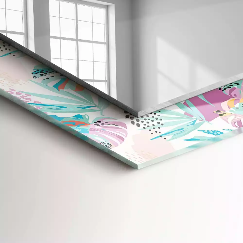 Oglindă dreptunghiulară de perete cu decor de frunze tropicale colorate