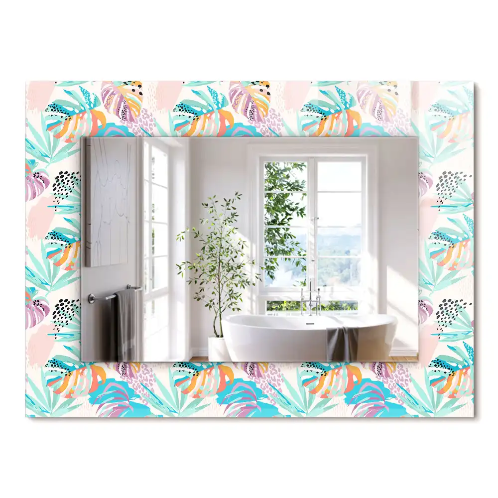 Oglindă dreptunghiulară de perete cu decor de frunze tropicale colorate