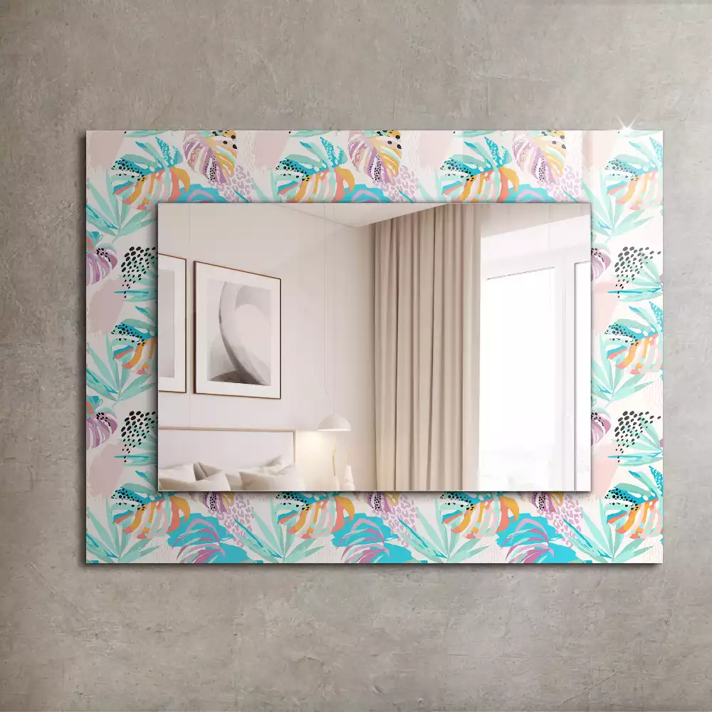 Oglindă dreptunghiulară de perete cu decor de frunze tropicale colorate