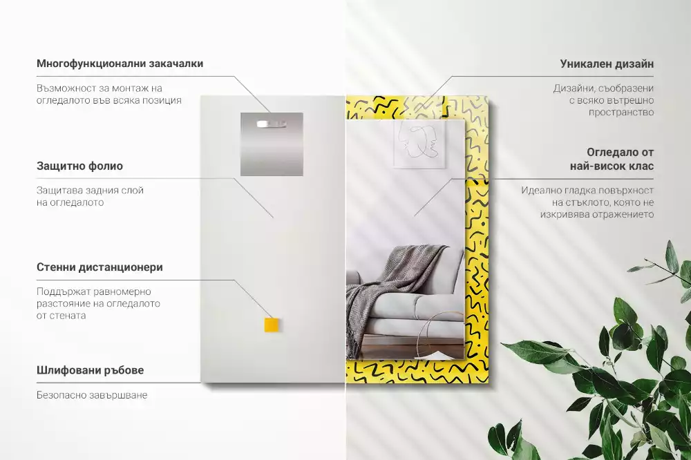 Oglindă dreptunghiulară cu model abstract galben