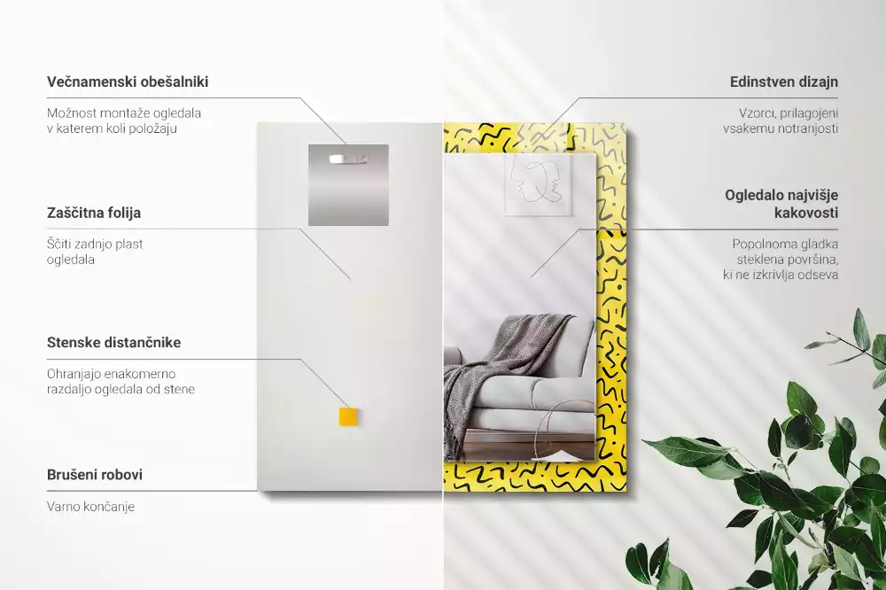 Oglindă dreptunghiulară cu model abstract galben