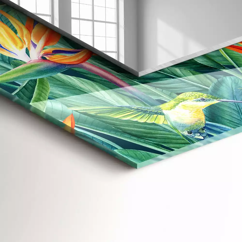 Oglindă dreptunghiulară cu ramă imprimată cu colibri și flori