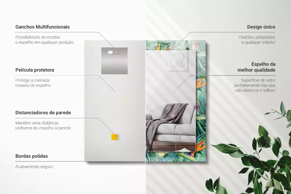 Oglindă dreptunghiulară cu ramă imprimată cu colibri și flori