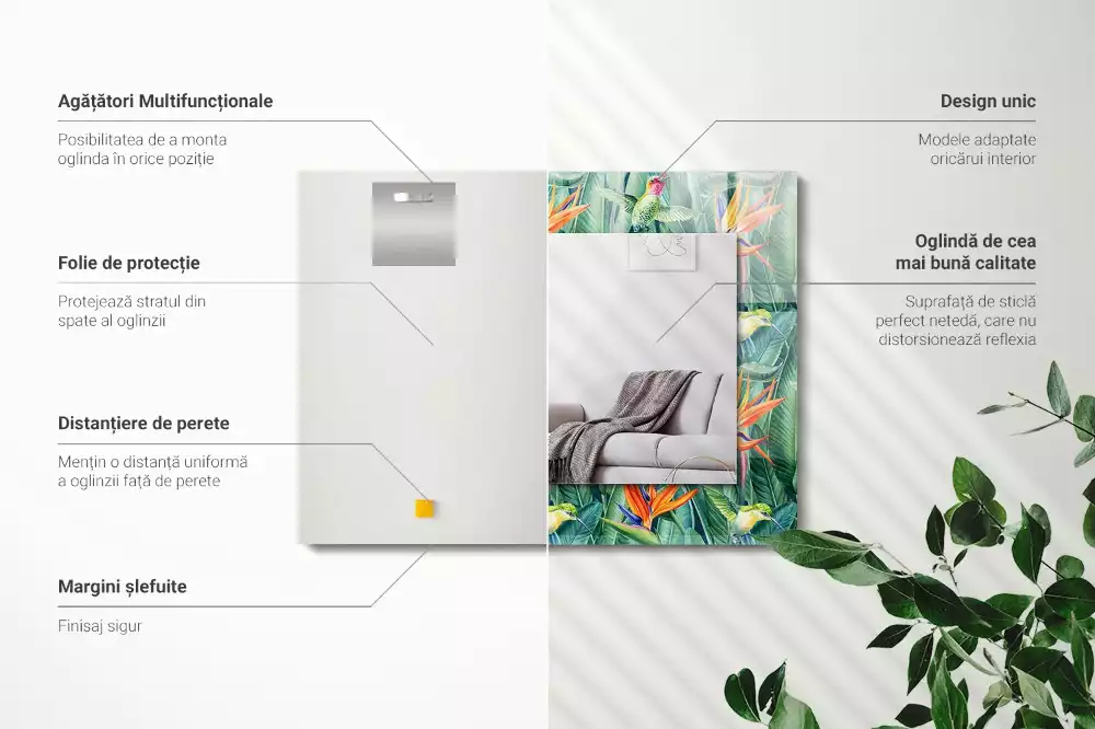 Oglindă dreptunghiulară cu ramă imprimată cu colibri și flori