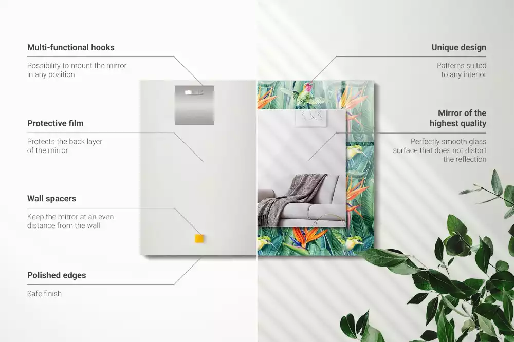 Oglindă dreptunghiulară cu ramă imprimată cu colibri și flori