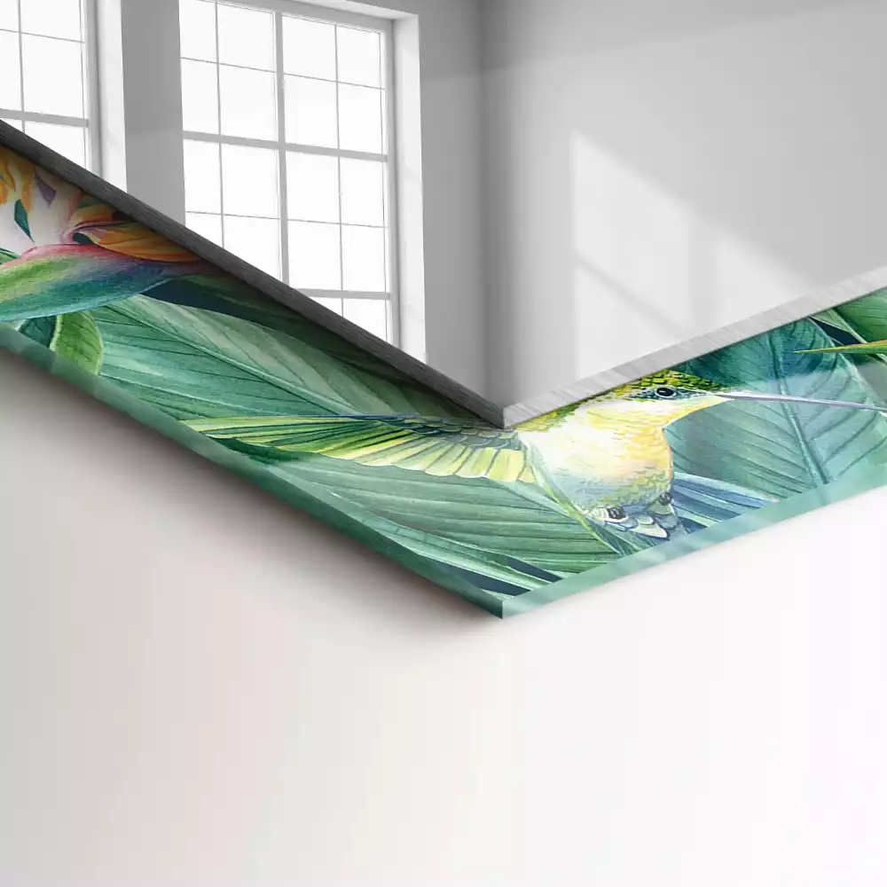 Oglindă dreptunghiulară cu ramă imprimată cu colibri și flori