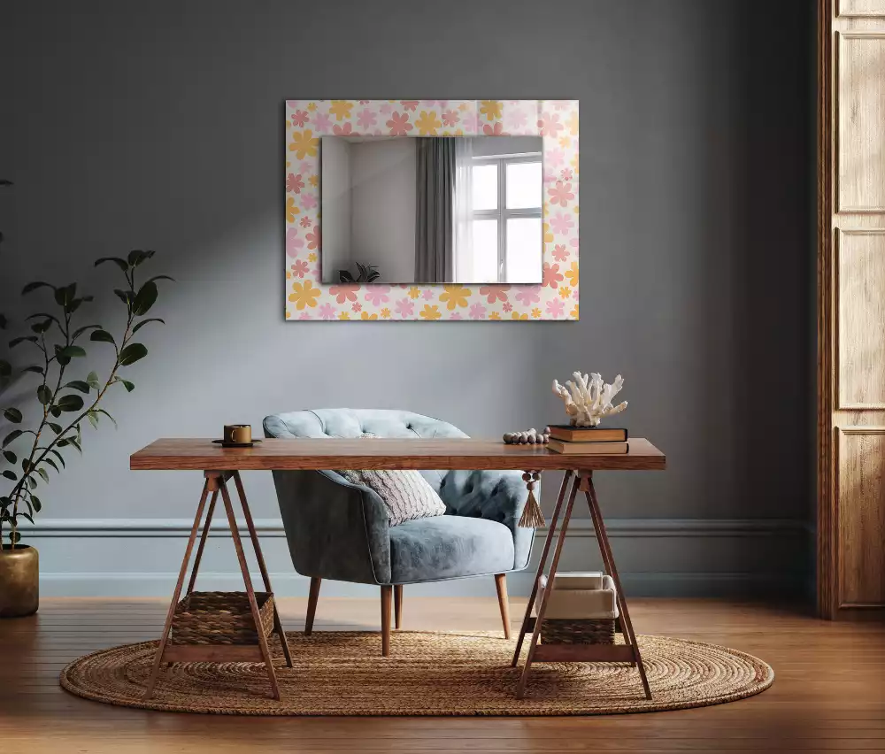Oglindă dreptunghiulară cu decor floral