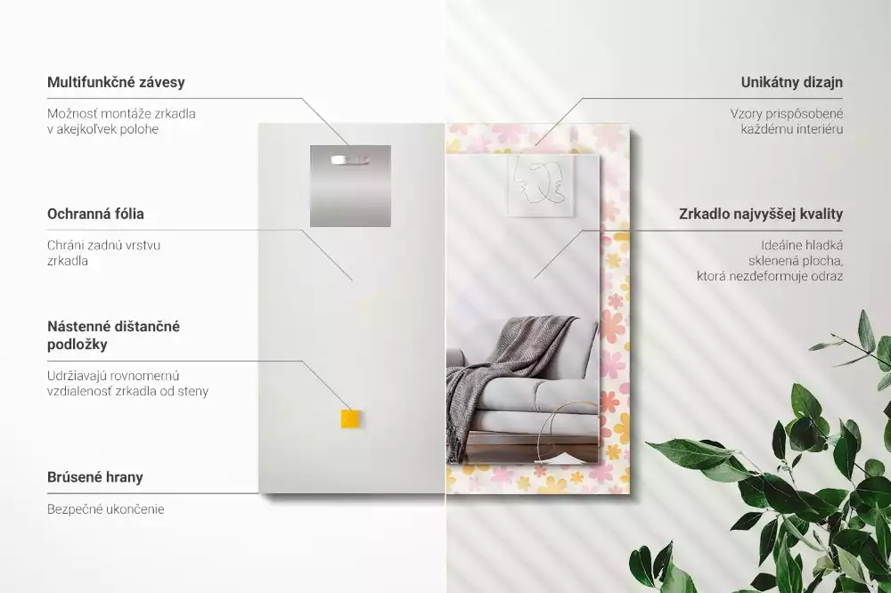 Oglindă dreptunghiulară cu decor floral