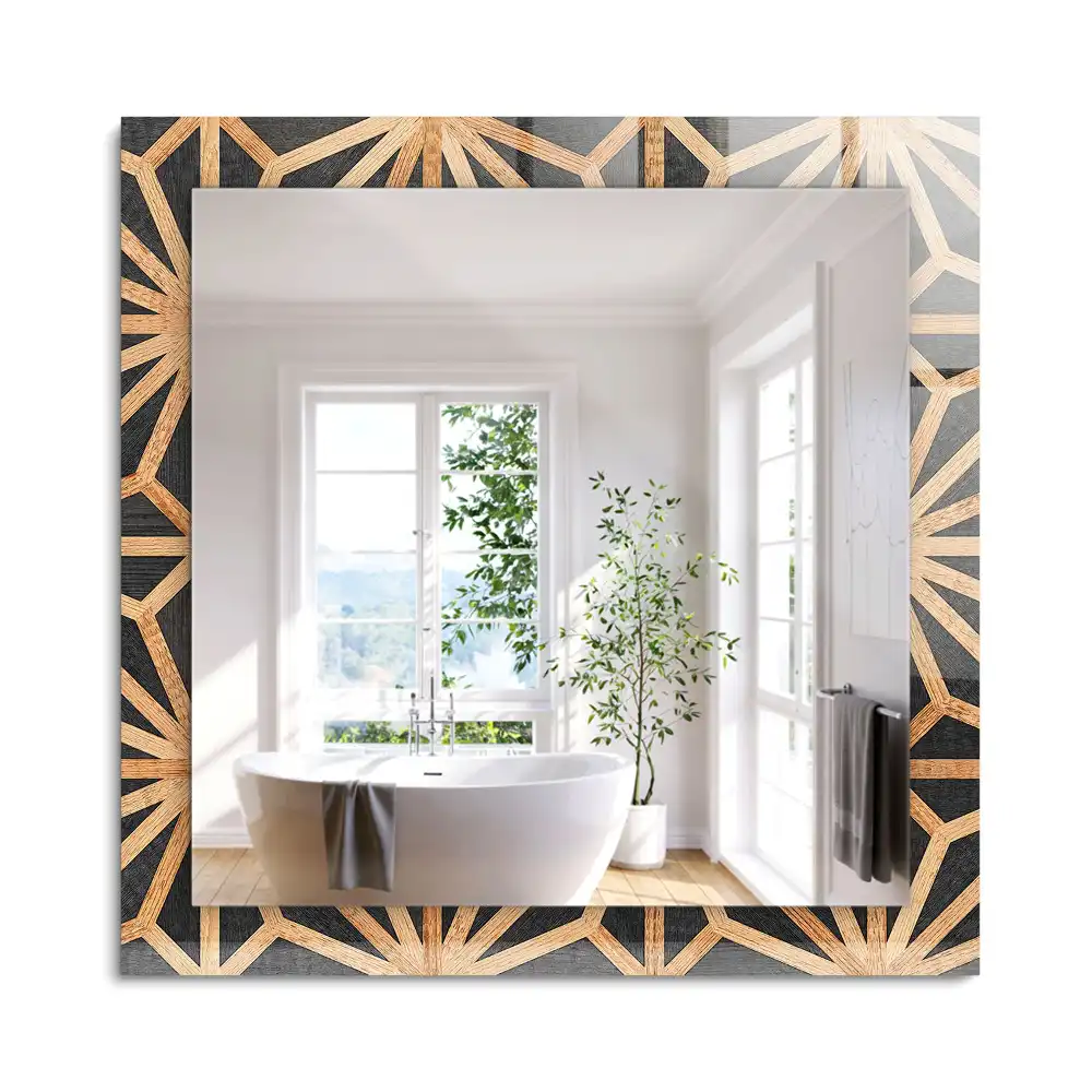 Oglindă decorativă de perete dreptunghiulară cu model geometric din lemn
