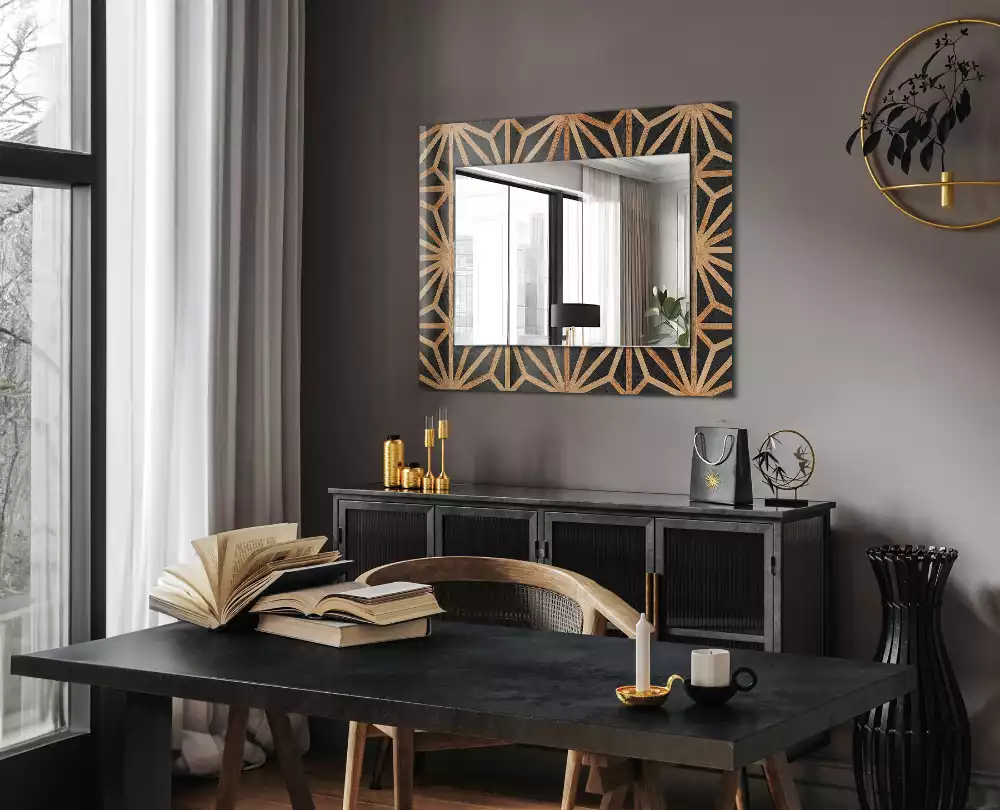 Oglindă decorativă de perete dreptunghiulară cu model geometric din lemn