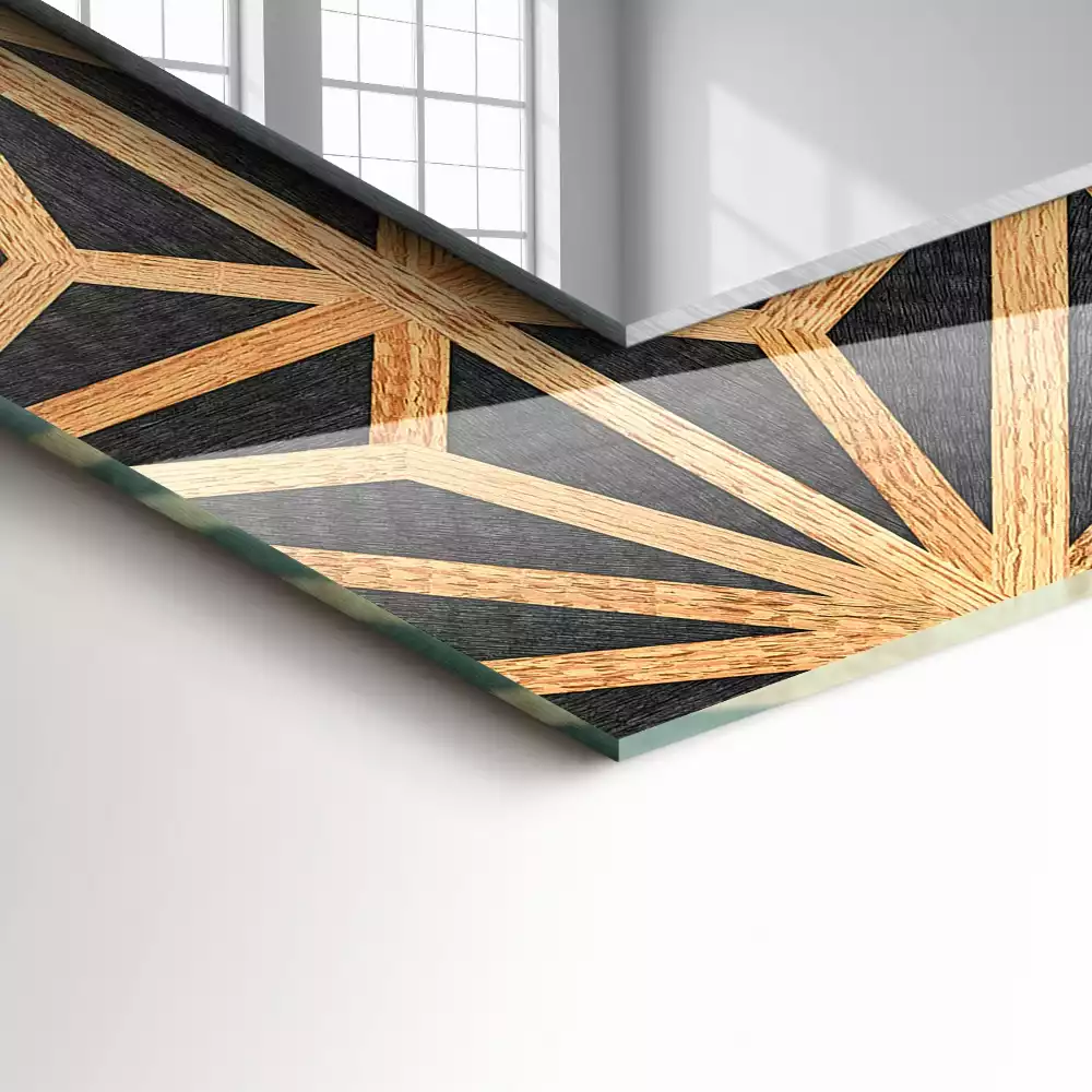 Oglindă decorativă de perete dreptunghiulară cu model geometric din lemn