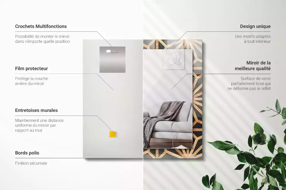 Oglindă decorativă de perete dreptunghiulară cu model geometric din lemn