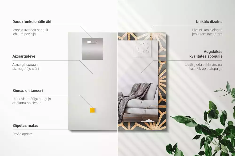 Oglindă decorativă de perete dreptunghiulară cu model geometric din lemn