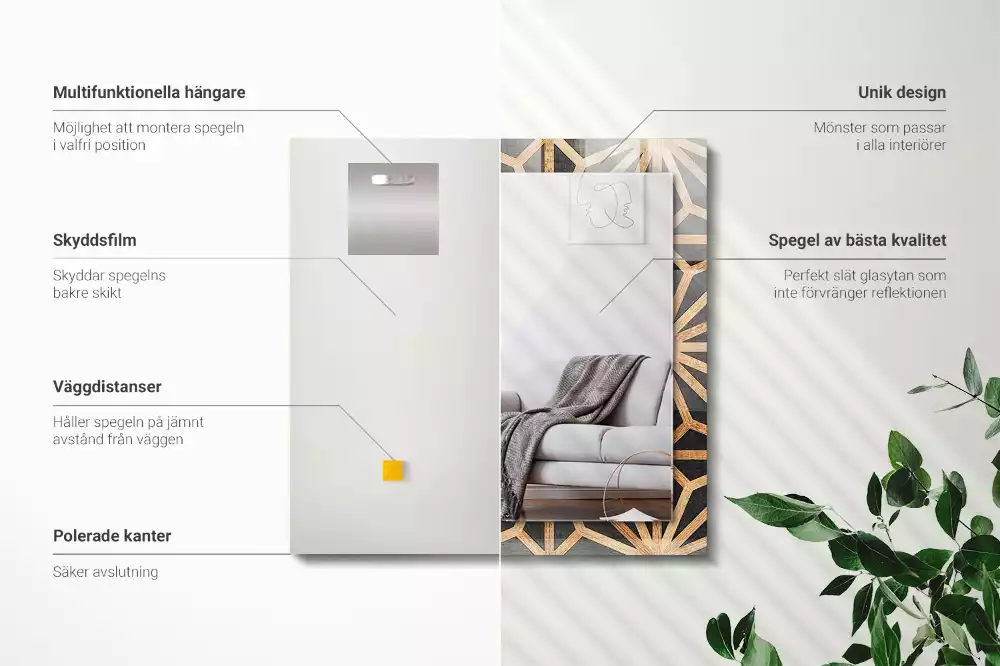 Oglindă decorativă de perete dreptunghiulară cu model geometric din lemn
