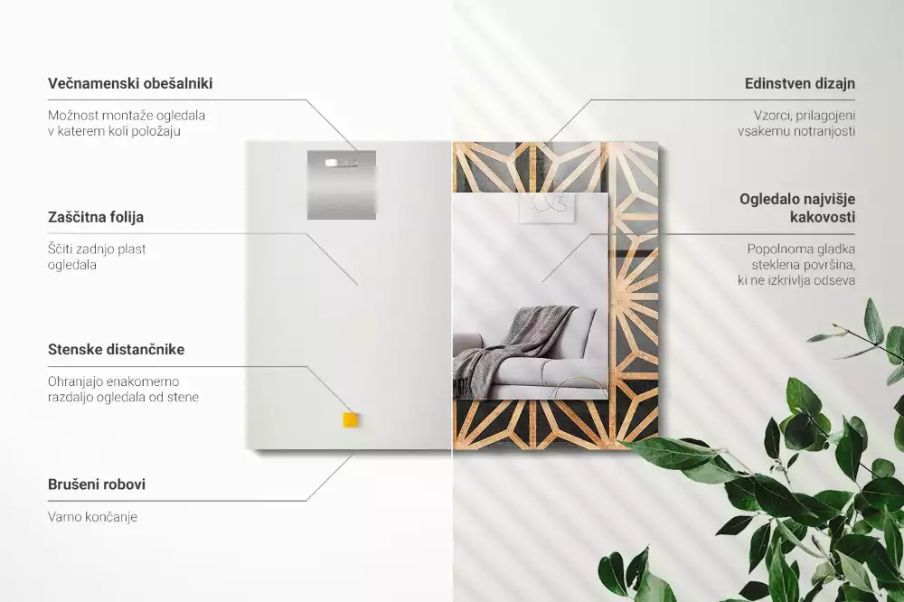 Oglindă decorativă de perete dreptunghiulară cu model geometric din lemn