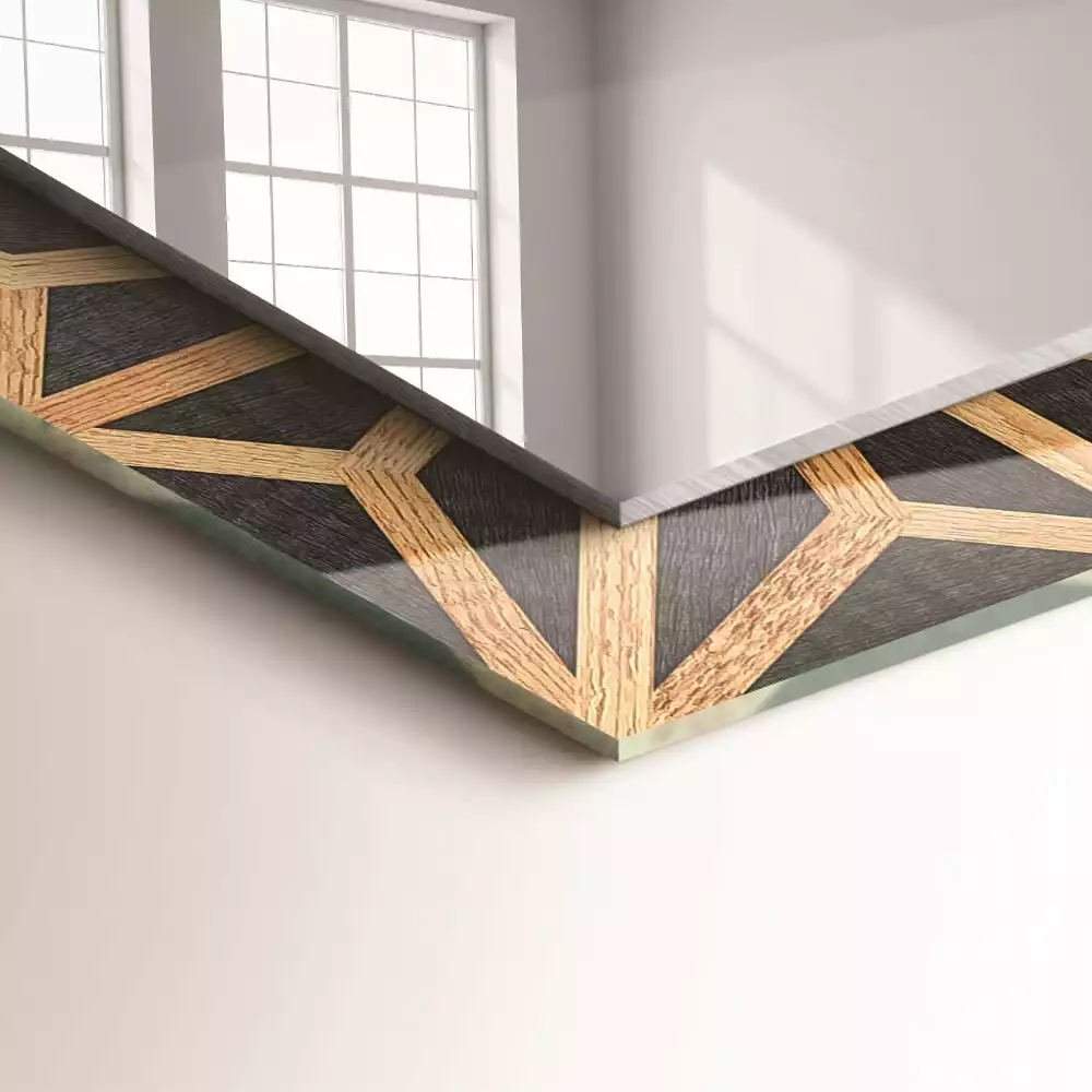 Oglindă decorativă de perete dreptunghiulară cu model geometric din lemn