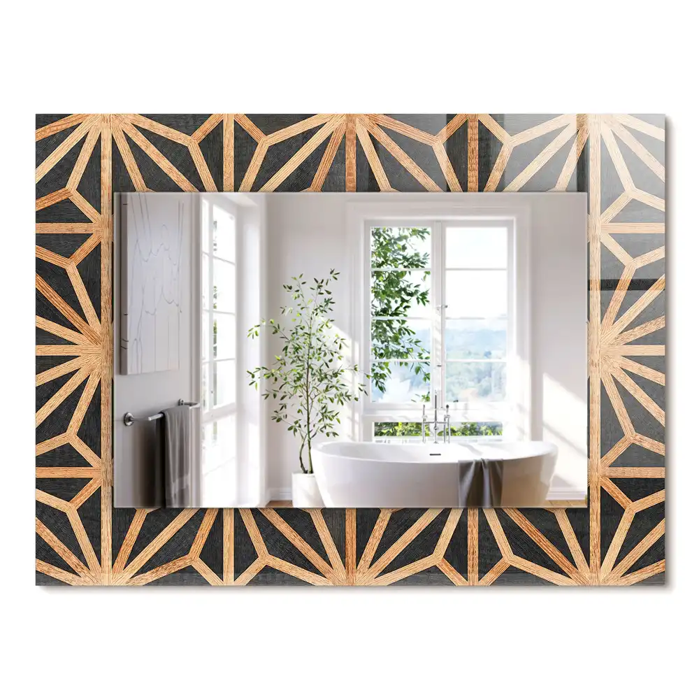 Oglindă decorativă de perete dreptunghiulară cu model geometric din lemn