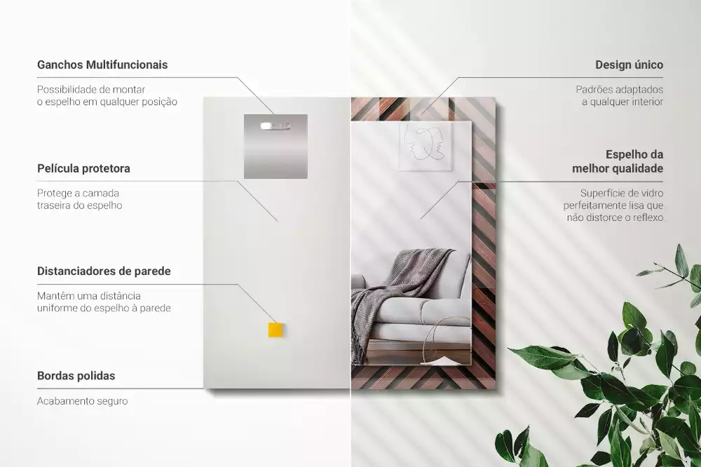 Oglindă dreptunghiulară cu ramă din lemn și imprimeu cu benzi diagonale
