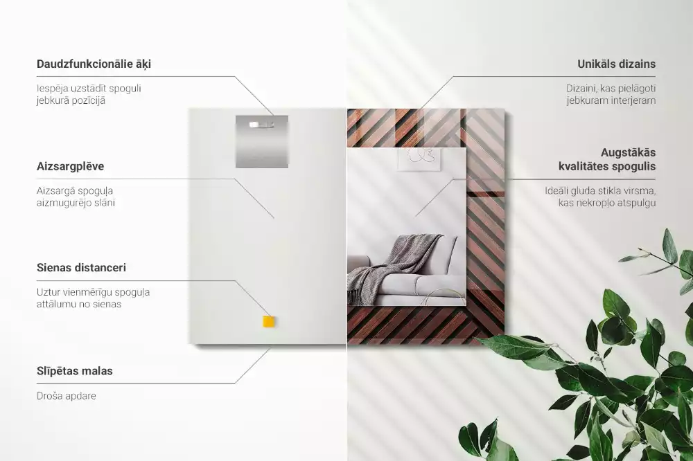 Oglindă dreptunghiulară cu ramă din lemn și imprimeu cu benzi diagonale