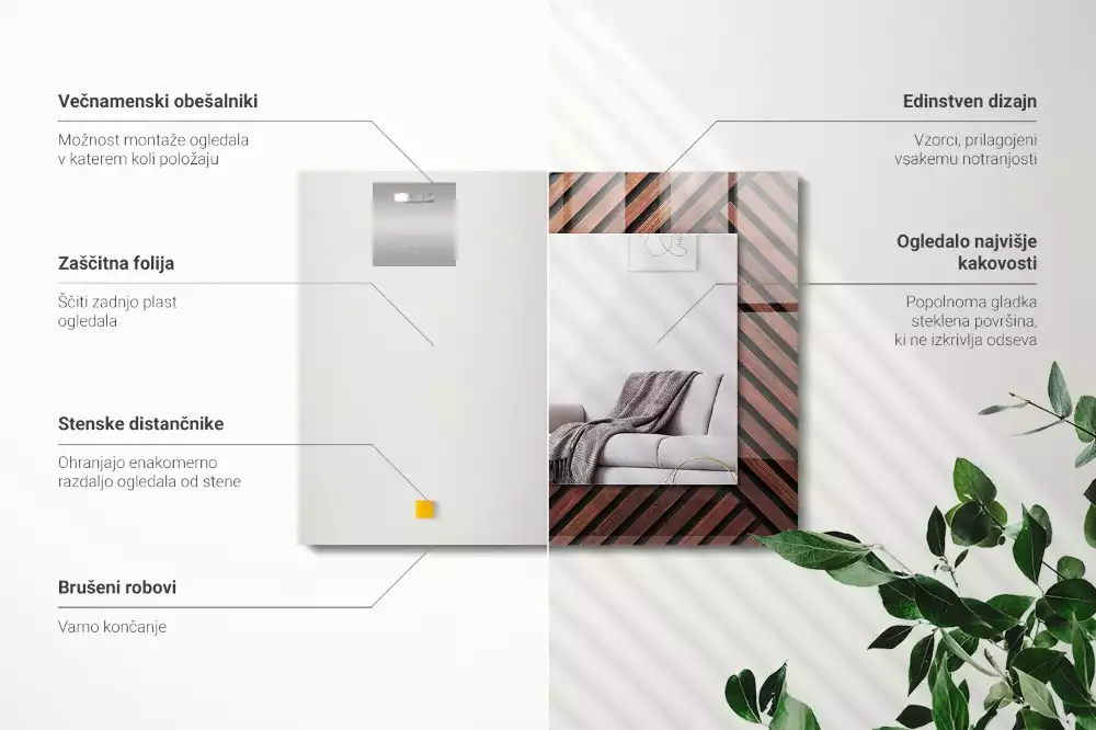 Oglindă dreptunghiulară cu ramă din lemn și imprimeu cu benzi diagonale