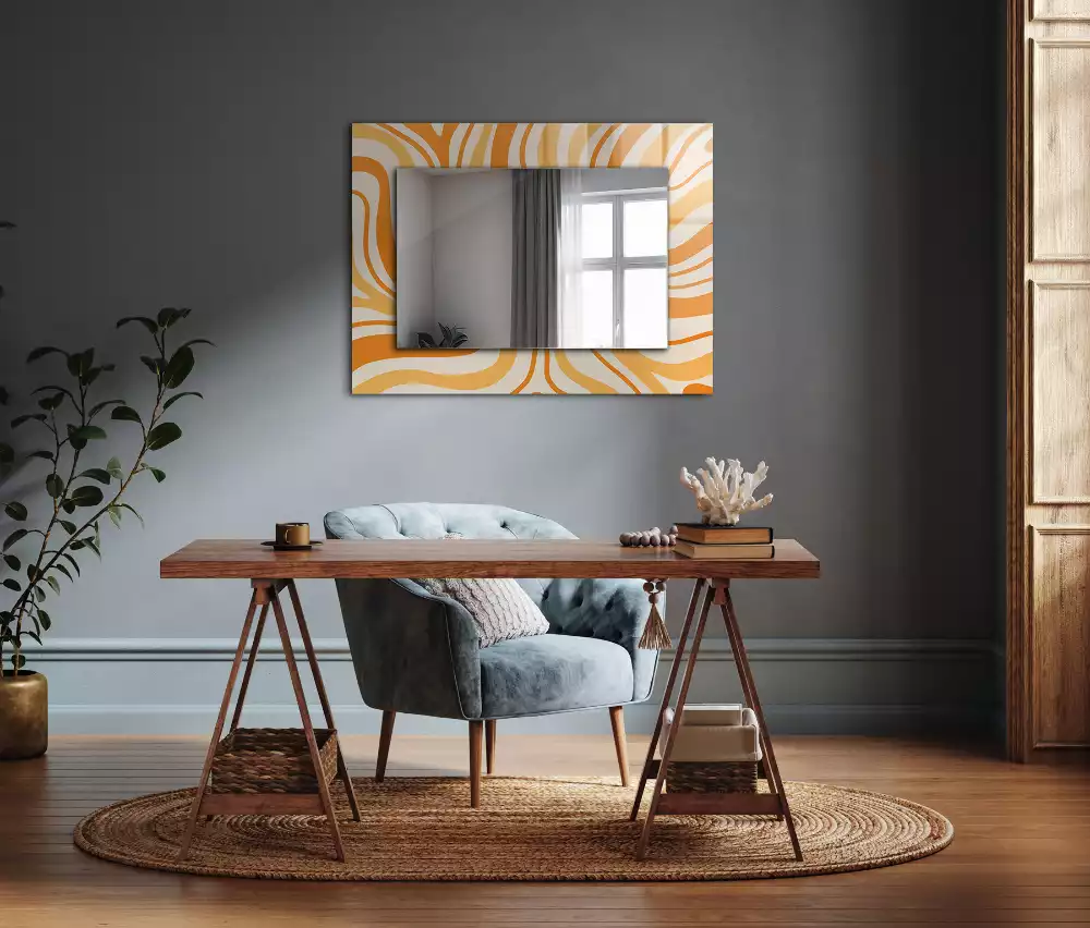Oglindă dreptunghiulară cu decor abstract portocaliu
