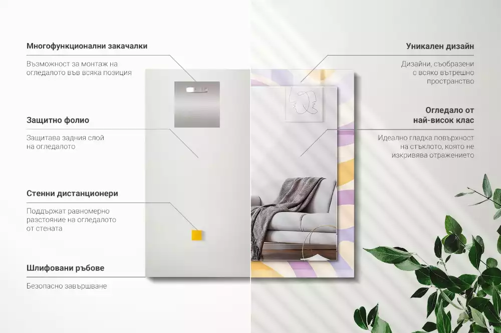 Oglindă dreptunghiulară de perete cu modele abstracte colorate