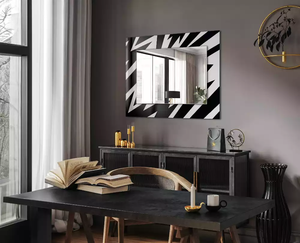 Oglindă dreptunghiulară cu ramă cu imprimeu geometric alb-negru