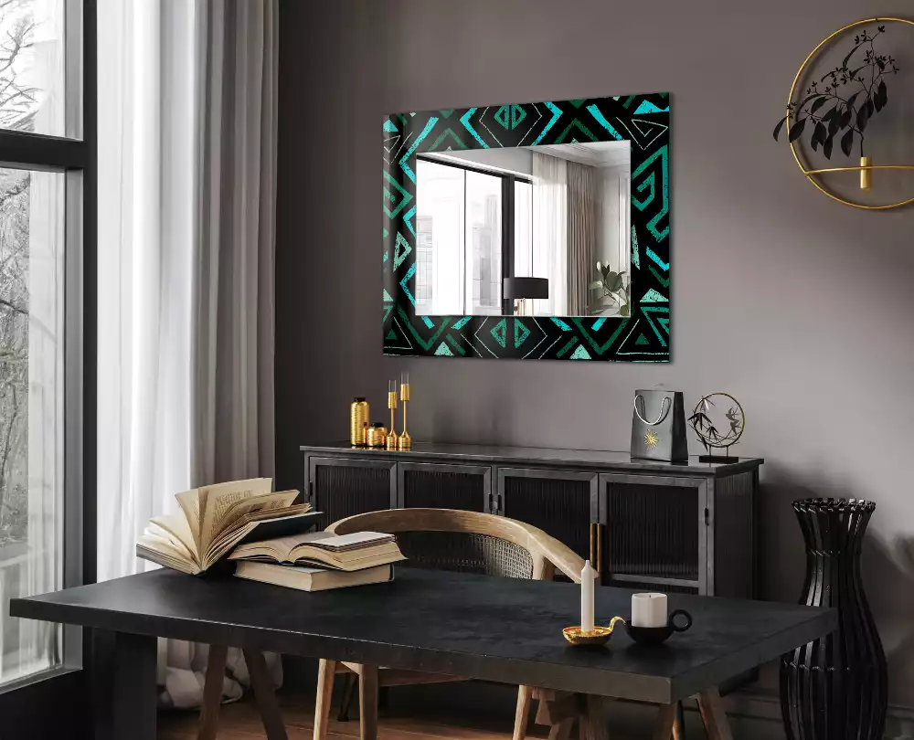 Oglindă dreptunghiulară cu decor geometric turcoaz