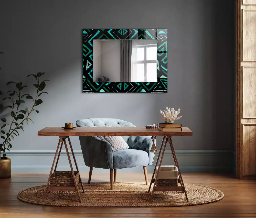 Oglindă dreptunghiulară cu decor geometric turcoaz
