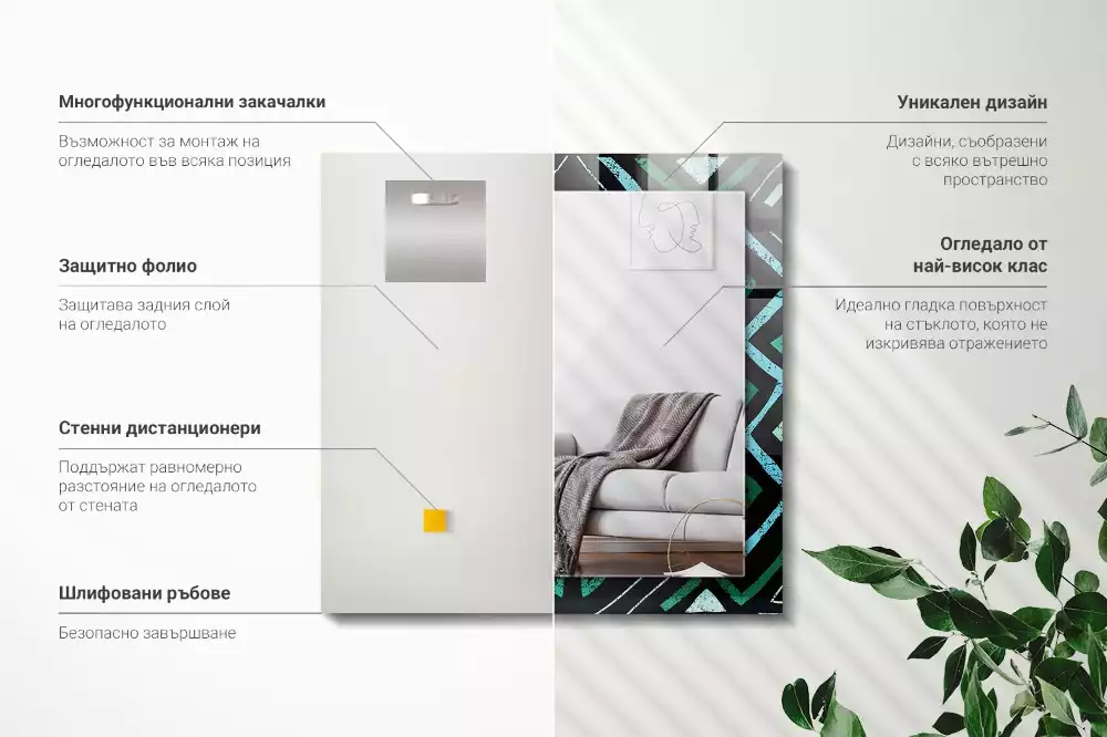 Oglindă dreptunghiulară cu decor geometric turcoaz