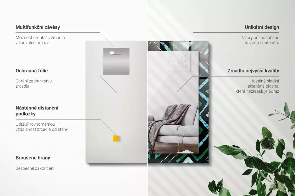 Oglindă dreptunghiulară cu decor geometric turcoaz