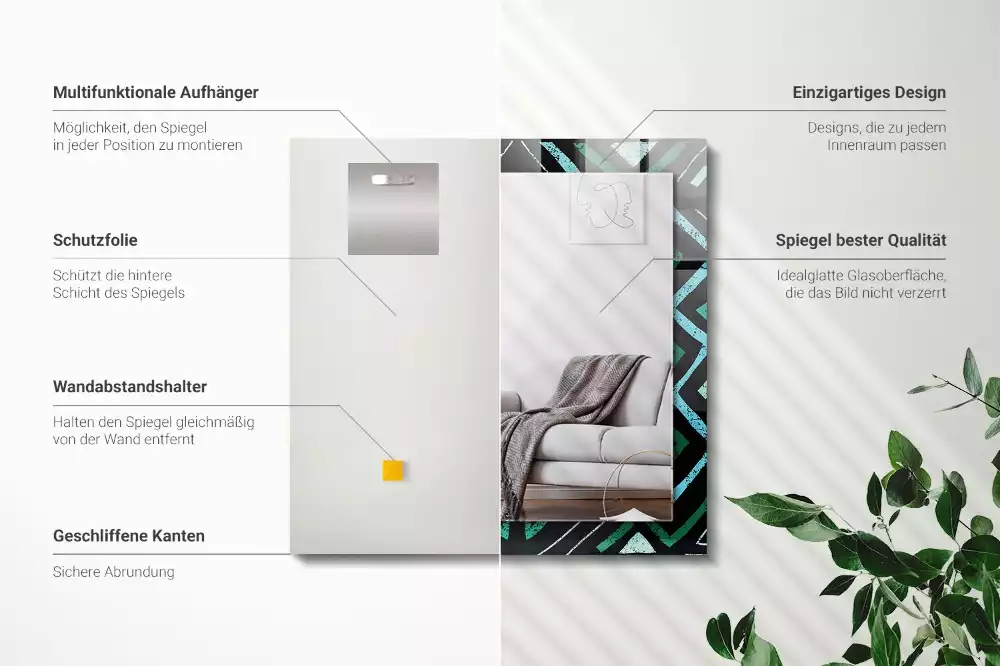 Oglindă dreptunghiulară cu decor geometric turcoaz